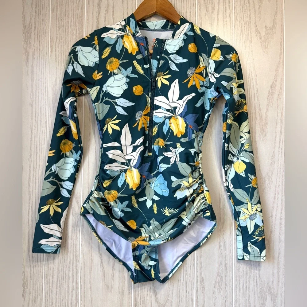 Axesea Floral Long Sleeve One-Piece Swimsuit Green Yellow Size 6